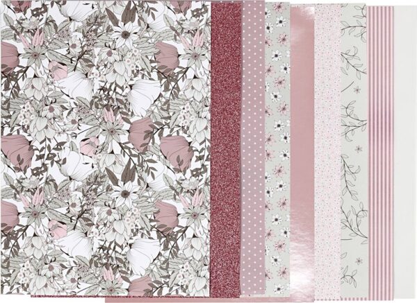 Designpapir I Blok - Str. 21x30 Cm - 120+128 G - Beige - Brun - Rosa - Hvid - 24 Ark