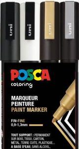 Posca Tusser Sæt Guld, Sølv, Hvid, Sort PC-3M - 4 stk.